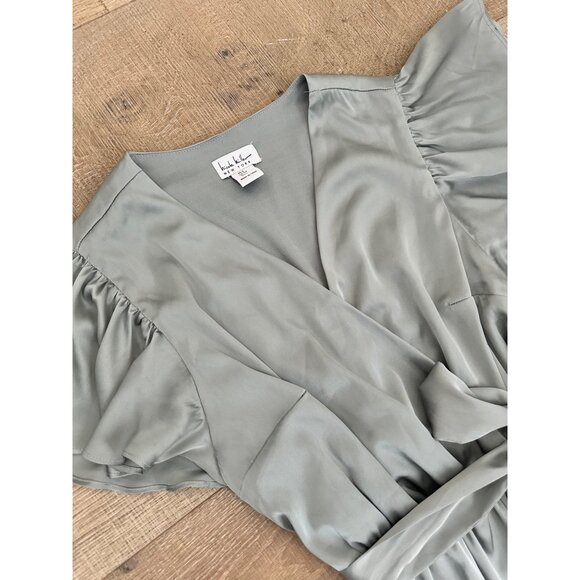 Nicole Miller Gray Satin Faux Wrap Dress - Picture 5 of 6